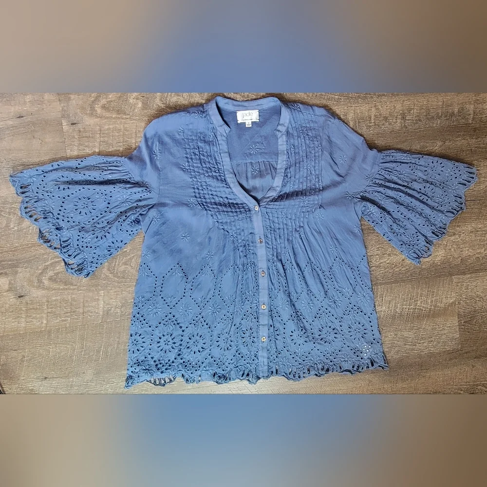 Johnny Was Huma Pintuck Blouse Women's S Blue Eyelet Cotton & Silk Semi Sheer